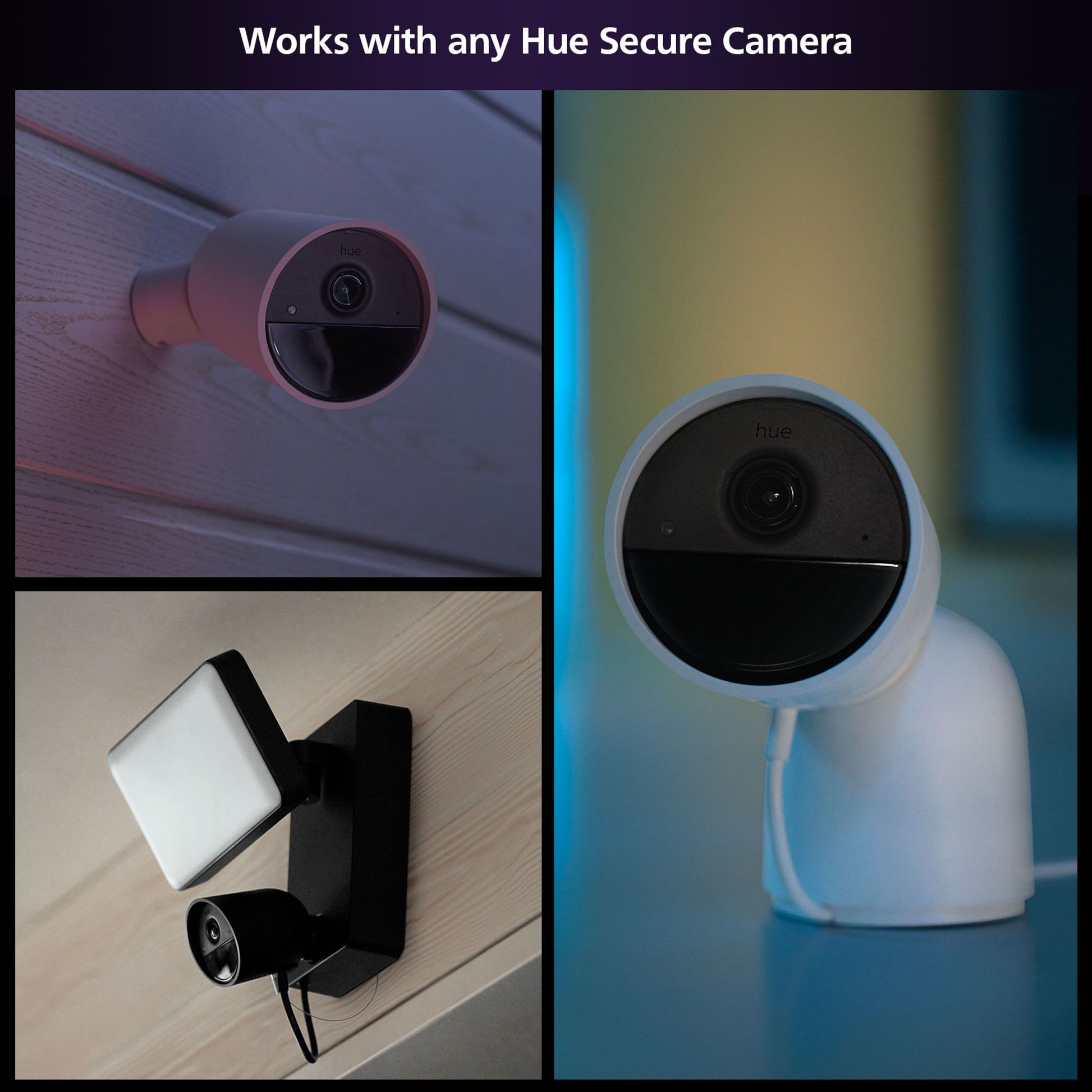 Tre Philips Hue Secure-kameraer inde og ude med teksten "Works with any Hue Secure Camera" samt Hue Sikker kontakt sensor hvid.