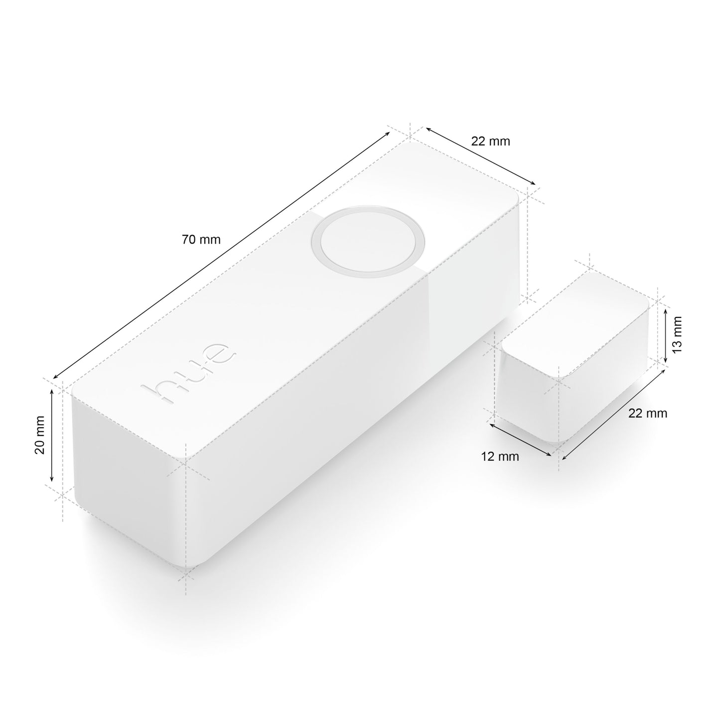 Philips Hue Sikker kontakt sensor Hvid 1-pak, til hvide sensorer, størrelser 70x22x20 mm og 22x13x12 mm med målstreger.