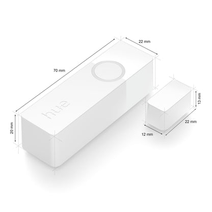 Philips Hue Sikker kontakt sensor Hvid 1-pak, til hvide sensorer, størrelser 70x22x20 mm og 22x13x12 mm med målstreger.