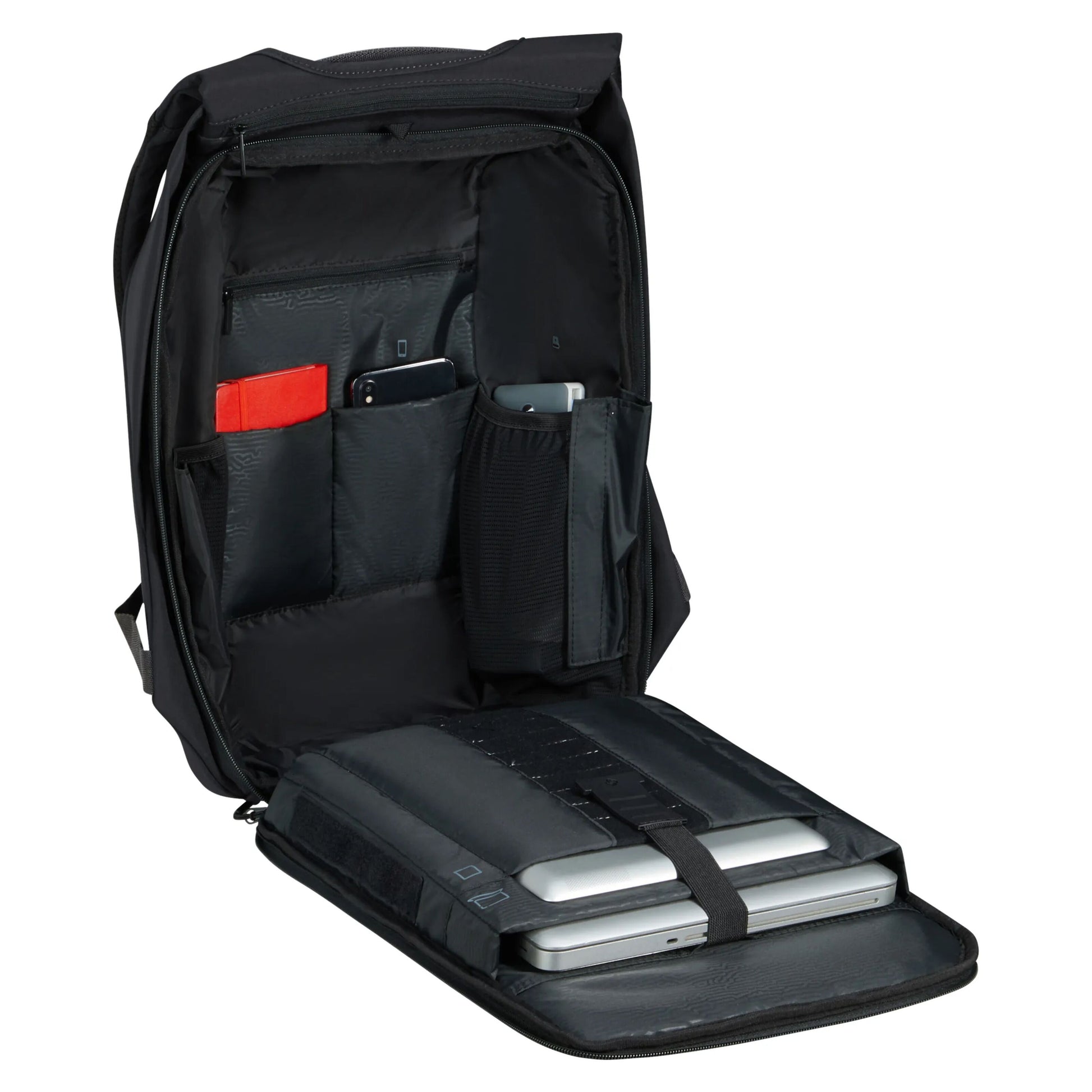 Samsonite Securipac 2.0 computer-rygsæk 15,6" åben med to laptops, rød notesbog, mobil og småting i rum, RFID-beskyttet.
