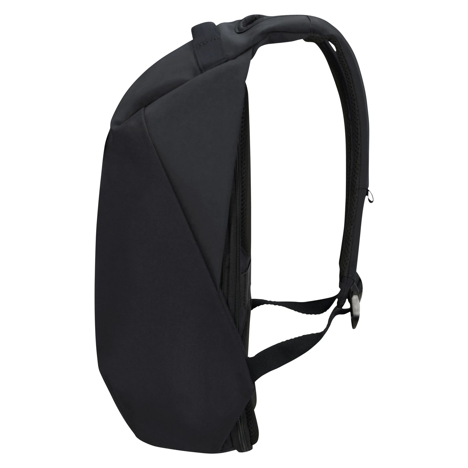 Sideview, sort Samsonite Securipac 2.0 computer-rygsæk 15,6", ergonomisk skulderrem, rene linjer, RFID-beskyttelse.