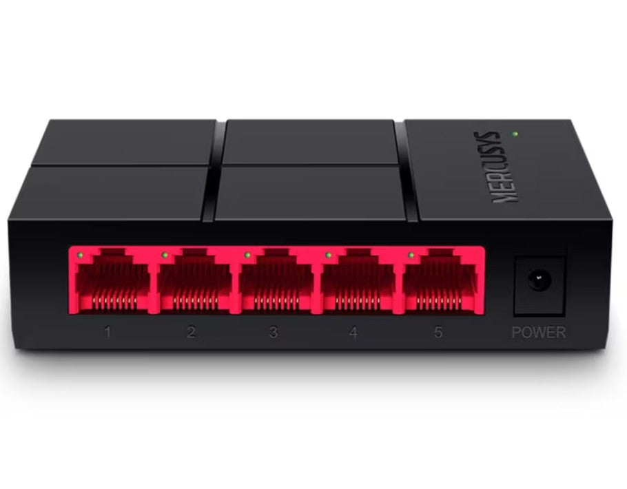 Mercusys MS105G gigabitswitch sort med 5 røde Ethernet-porte foran, nummereret 1-5, strømstik højre side, grøn indikator øverst.