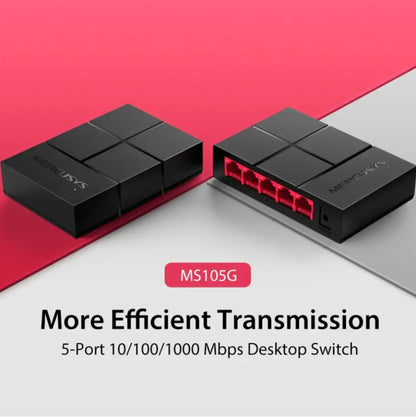 Mercusys MS105G sort 5-port gigabitswitch, synlige røde Ethernet-porte, 10/100/1000 Mbps desktop switch.
