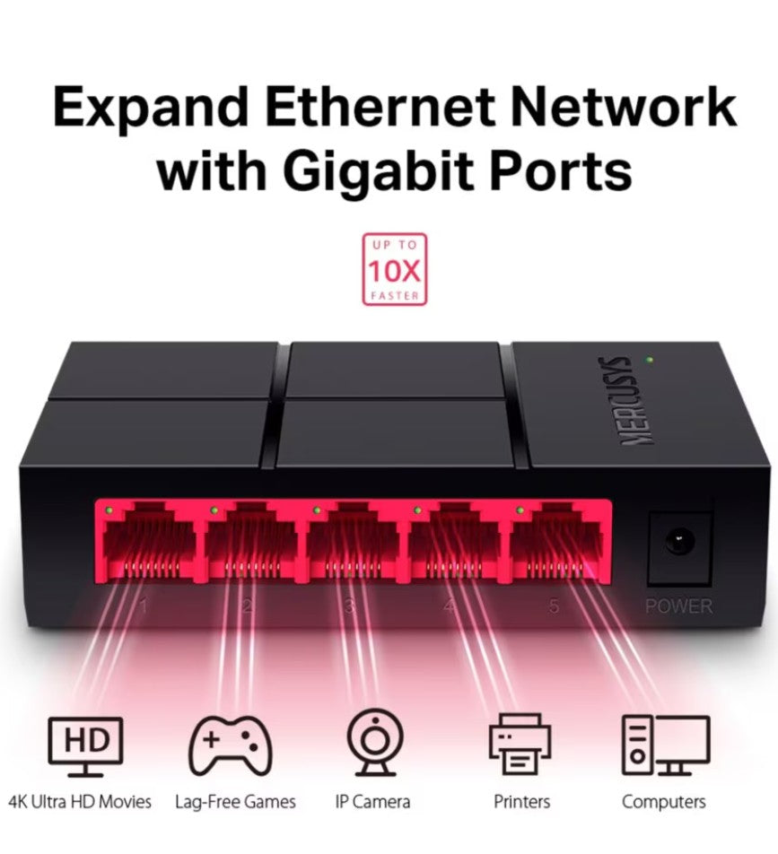 Mercusys MS105G sort 5-port gigabitswitch med fem oplyste porte til HD-film, gaming, IP-kameraer, printere og computere.