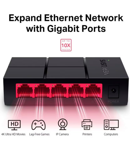 Mercusys MS105G sort 5-port gigabitswitch med fem oplyste porte til HD-film, gaming, IP-kameraer, printere og computere.