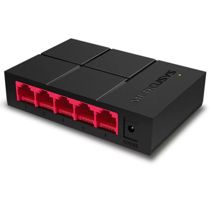 Mercusys MS105G sort gigabit switch med 5 røde Ethernet-porte (1-5), powerindikator og strømindgang forrest til højre.