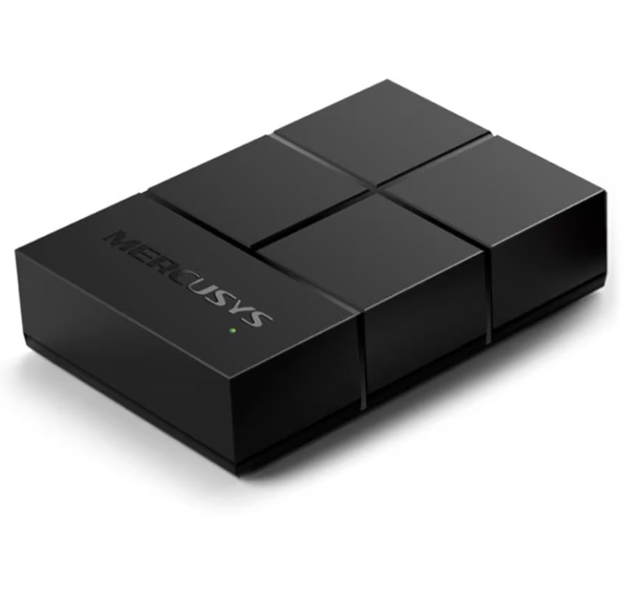 Mercusys MS105G 5-port gigabitswitch, sort med geometrisk design og grøn indikatorlampe, netværksportene synlige.