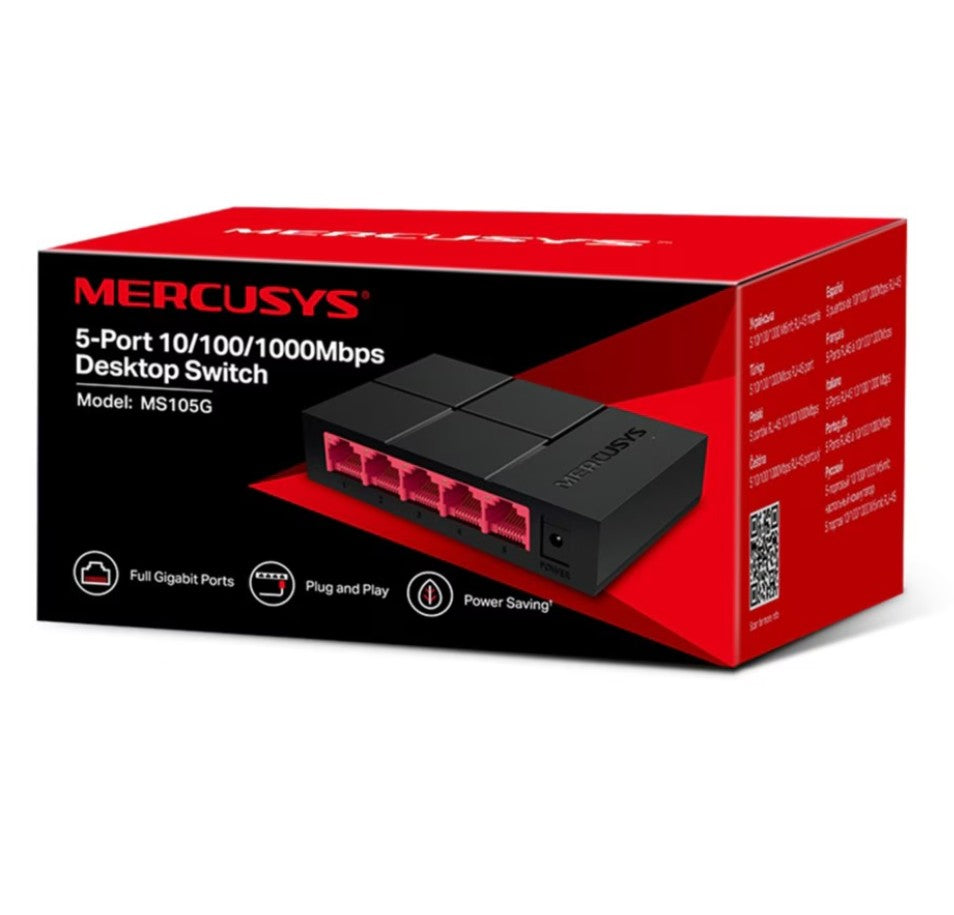 Mercusys MS105G 5-port gigabitswitch i rød-sort æske med Ethernet-porte, fuld gigabit og plug-and-play.