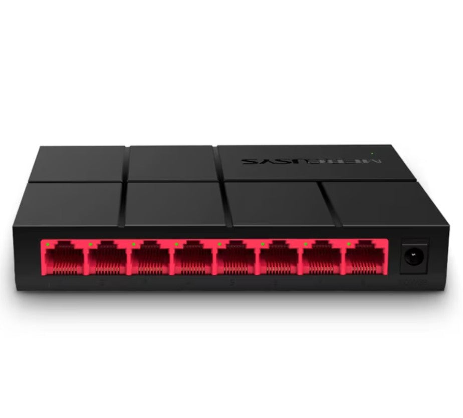 Mercusys Gigabitswitch 8 port, sort, otte røde Ethernet-porte foran, strømstik i højre side.