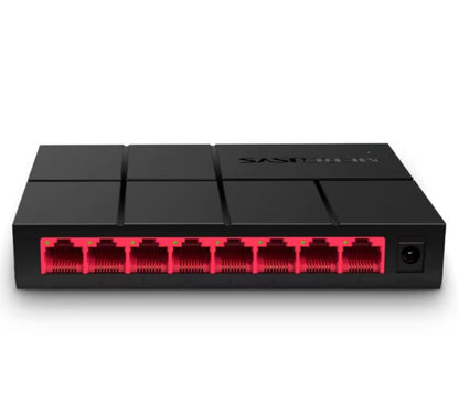 Mercusys Gigabitswitch 8 port, sort, otte røde Ethernet-porte foran, strømstik i højre side.