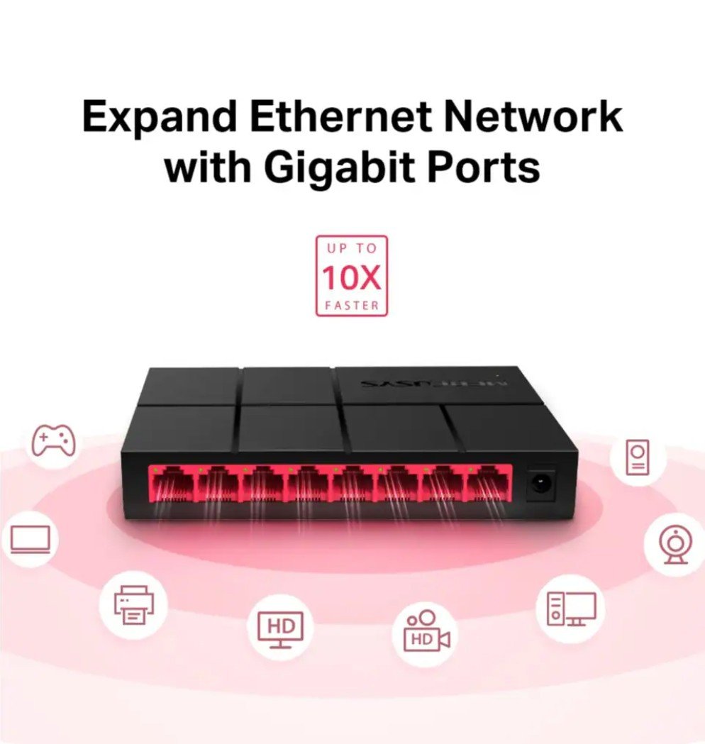 Mercusys Gigabitswitch 8 porte, tekst: Udvid Ethernet-netværket med Gigabit-porte og op til 10 gange hurtigere, ikoner til gaming/video/TV/printer.