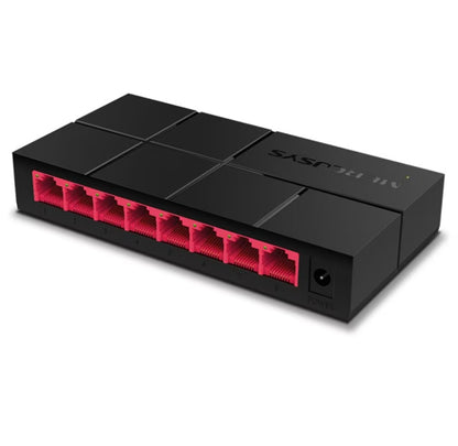 Mercusys Gigabit-switch 8-port sort, kompakt rektangulær med røde Ethernet-porte og strømindgang.