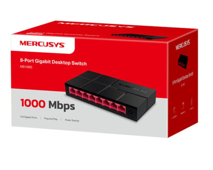 Mercusys Gigabitswitch 8-ports netværksswitch, 1000 Mbps, plug and play, strømbesparende, rød og hvid æske.