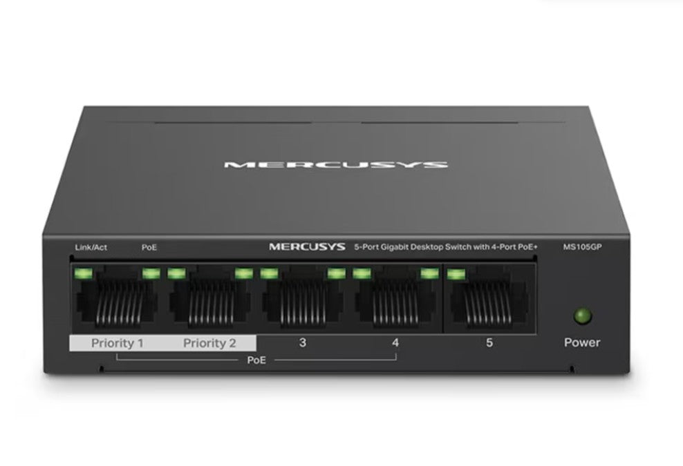 Mercusys MS105GP 5-port gigabitswitch POE+, 4 Ethernet-porte mærket Priority 1-5, grønne indikatorlys, strømkontakt højre.