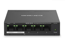 Mercusys MS105GP 5-port gigabitswitch POE+, 4 Ethernet-porte mærket Priority 1-5, grønne indikatorlys, strømkontakt højre.