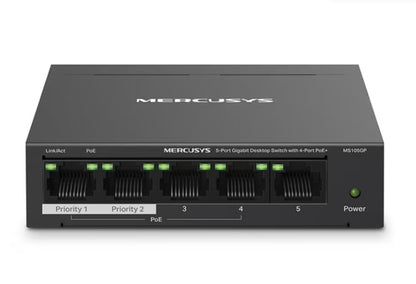 Mercusys MS105GP 5-port gigabitswitch POE+, 4 Ethernet-porte mærket Priority 1-5, grønne indikatorlys, strømkontakt højre.