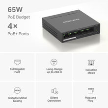 Mercusys MS105GP gigabitswitch 5 porte, 4 PoE+, 65W strømbudget, op til 250m rækkevidde, isolering, metal.