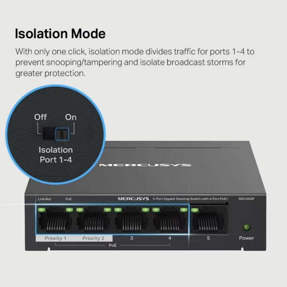 Mercusys MS105GP 5-port gigabitswitch med PoE+, isolation mode-switch Off/On til port 1-4.