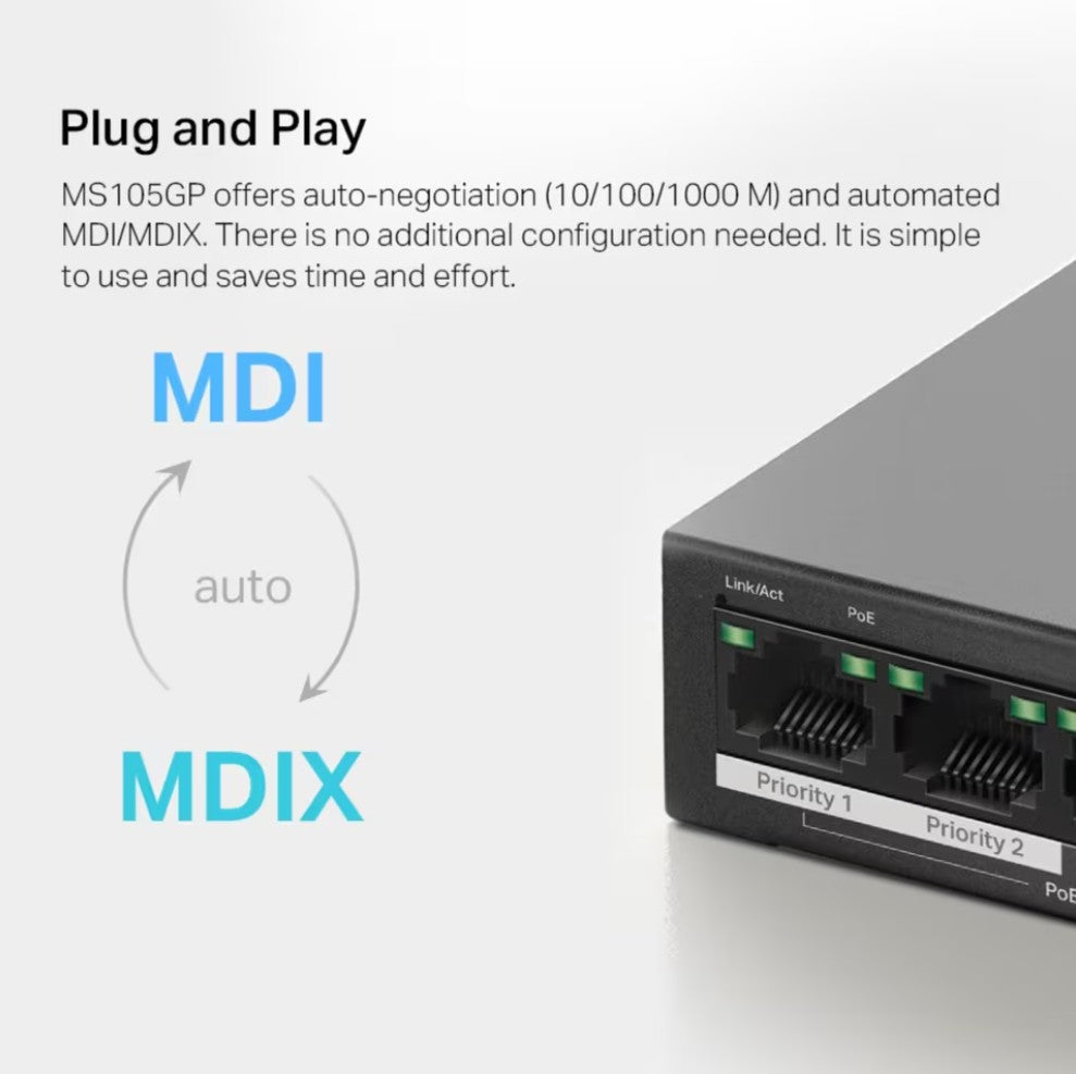 Mercusys MS105GP 5-port gigabit switch med POE+, visning af ethernet-porte mærket Priority 1 og 2, auto-switch funktion.