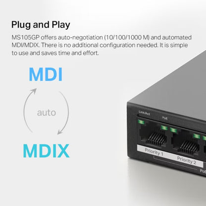 Mercusys MS105GP 5-port gigabit switch med POE+, visning af ethernet-porte mærket Priority 1 og 2, auto-switch funktion.
