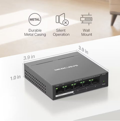 Mercusys MS105GP sort 5-port gigabitswitch med POE+, metalhus, lydløs drift, vægmontering, 3,9x3,9x1,0 tommer.