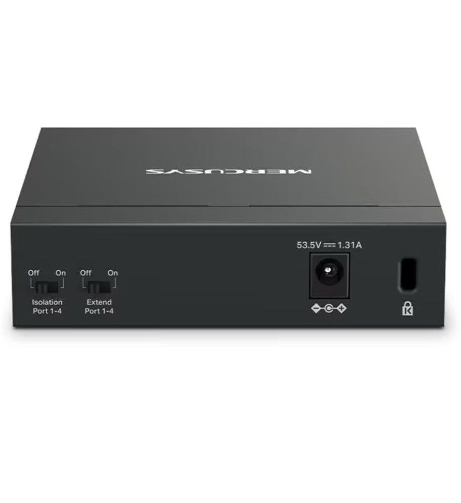 Mercusys MS105GP sort 5-port gigabitswitch med POE+, port isolation, extension switches, 53.5V 1.31A strømstik, nøglelås-symbol.