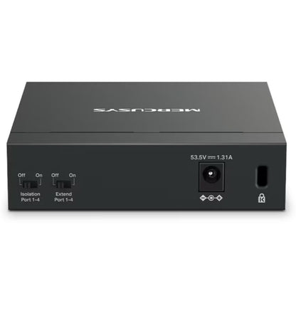 Mercusys MS105GP sort 5-port gigabitswitch med POE+, port isolation, extension switches, 53.5V 1.31A strømstik, nøglelås-symbol.