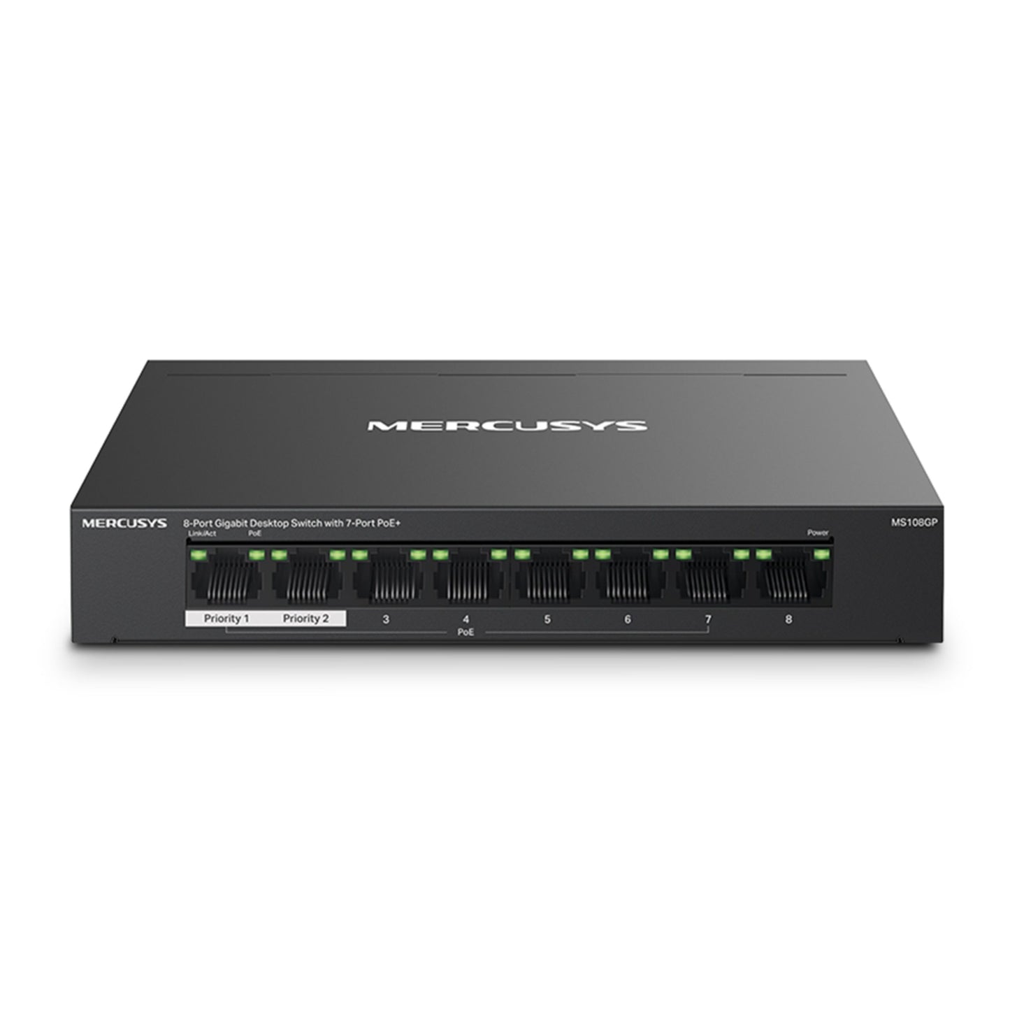 Mercusys MS108GP sort 8-port gigabit switch med POE+, front, markerede Ethernet-porte, indikatorlys, 7 POE+-porte.