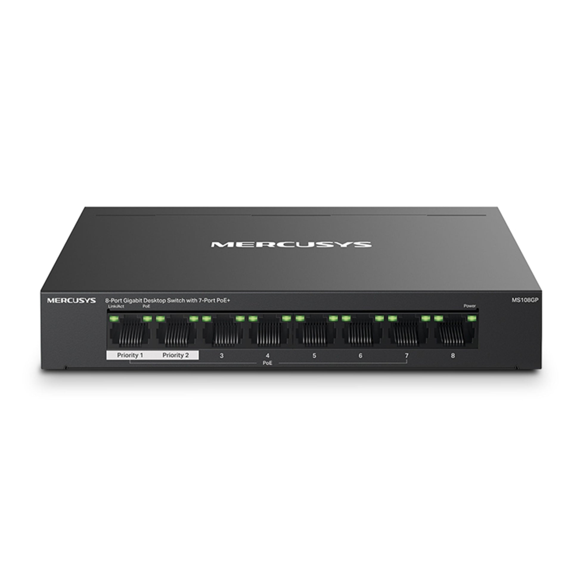 Mercusys MS108GP sort 8-port gigabit switch med POE+, front, markerede Ethernet-porte, indikatorlys, 7 POE+-porte.