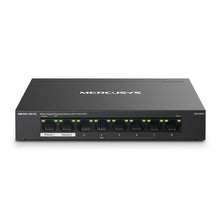 Mercusys MS108GP sort 8-port gigabit switch med POE+, front, markerede Ethernet-porte, indikatorlys, 7 POE+-porte.