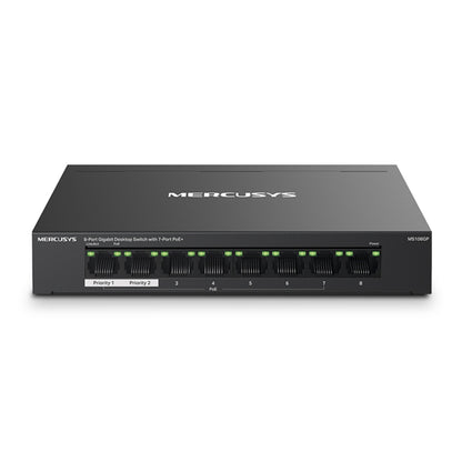 Mercusys MS108GP sort 8-port gigabit switch med POE+, front, markerede Ethernet-porte, indikatorlys, 7 POE+-porte.