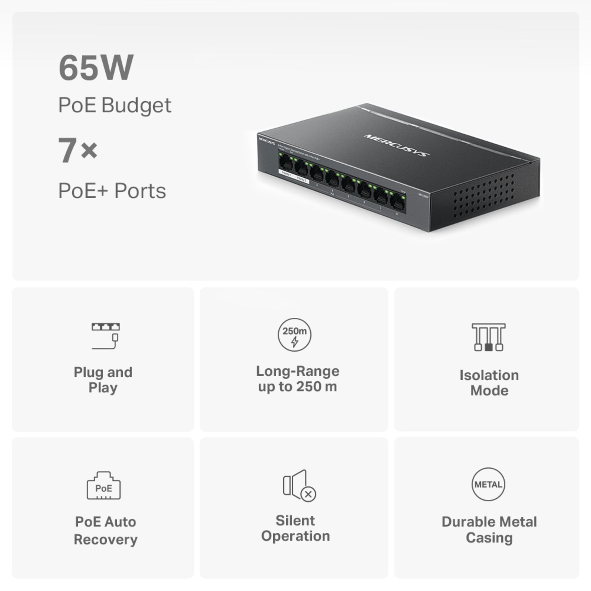 Mercusys MS108GP 8-port gigabit switch med POE+, 7 PoE+ porte, 65W, plug and play, op til 250m, metal kabinet.