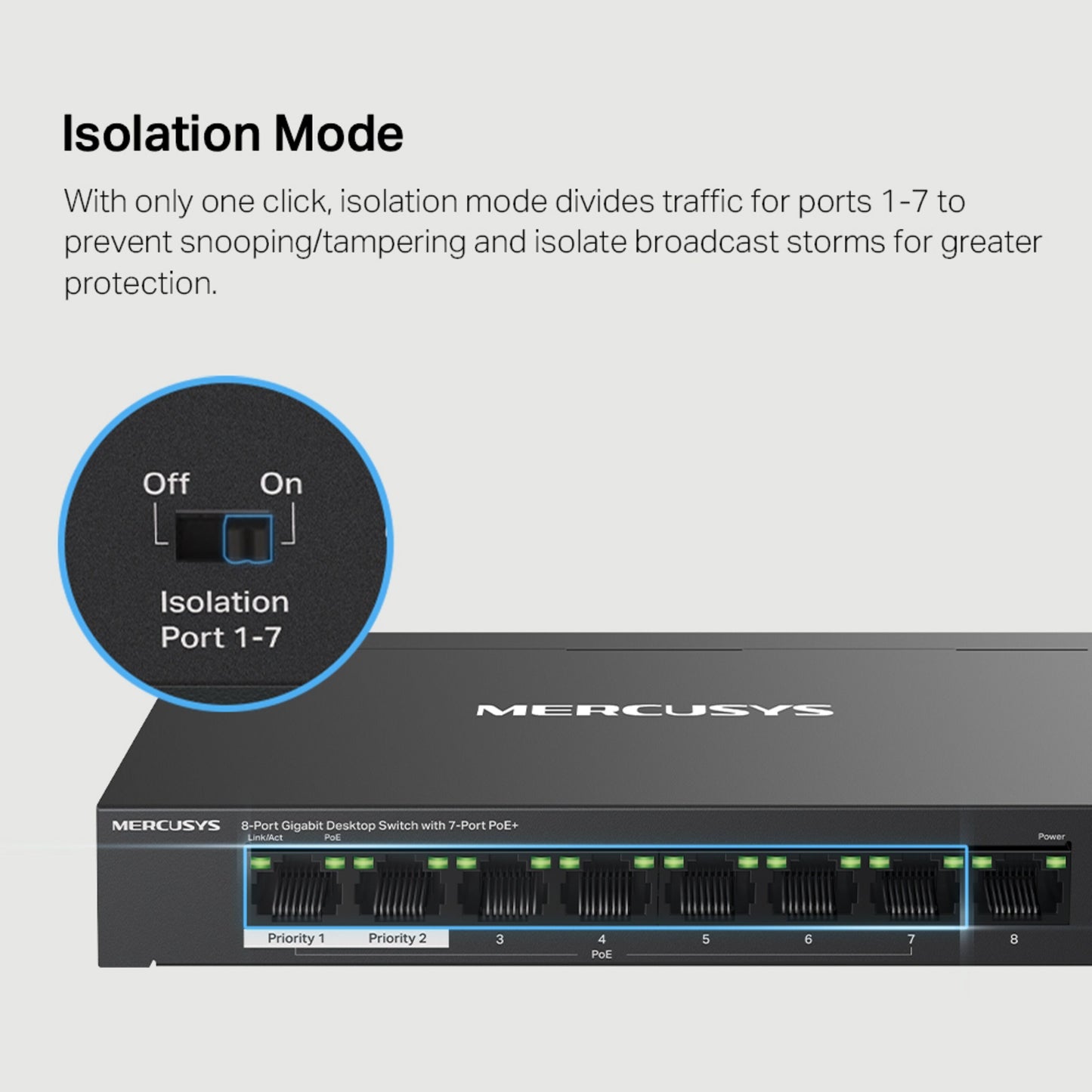 Mercusys MS108GP 8-port gigabit switch med POE+, nærbillede af switch til Isolation Port 1-7.