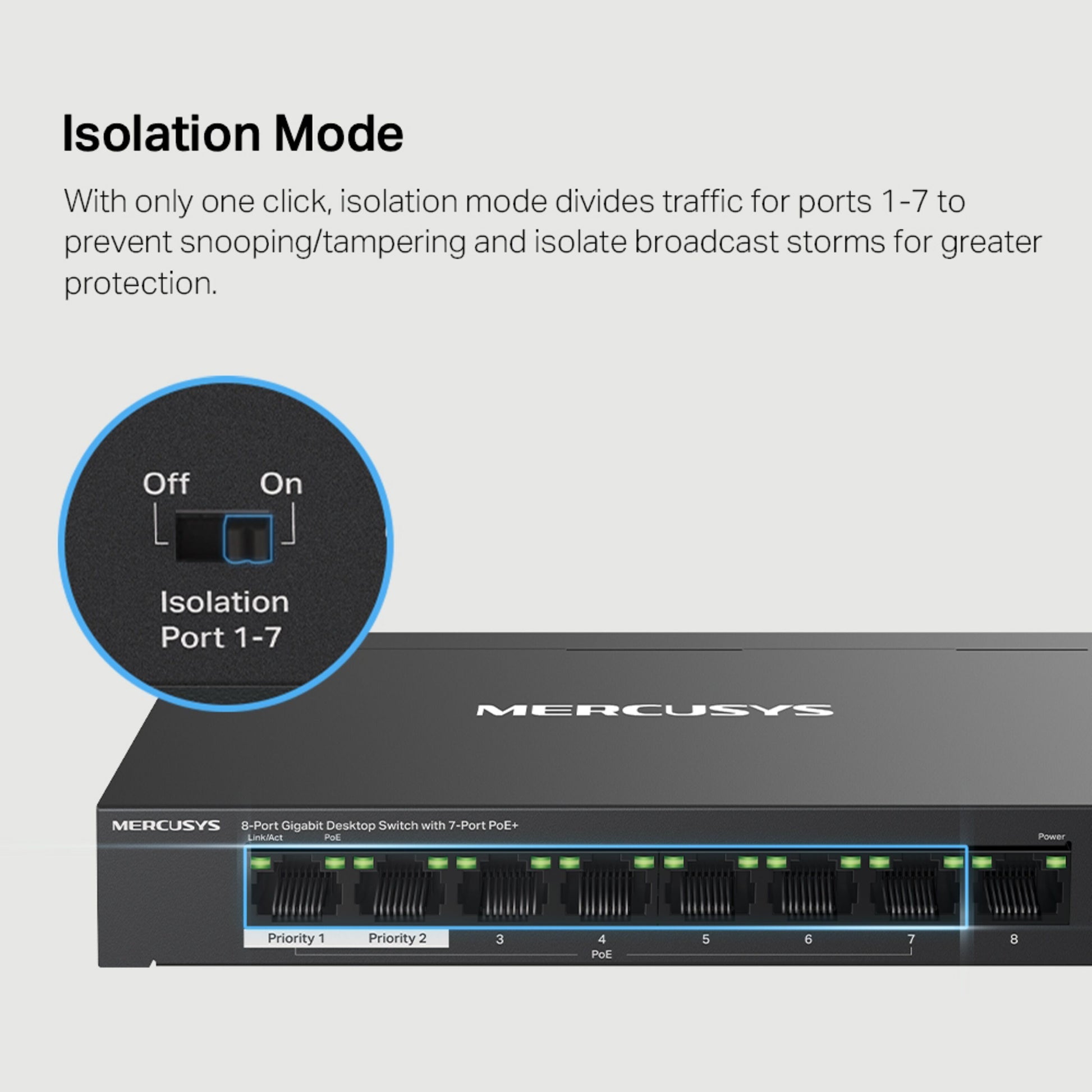 Mercusys MS108GP 8-port gigabit switch med POE+, nærbillede af switch til Isolation Port 1-7.