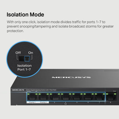 Mercusys MS108GP 8-port gigabit switch med POE+, nærbillede af switch til Isolation Port 1-7.