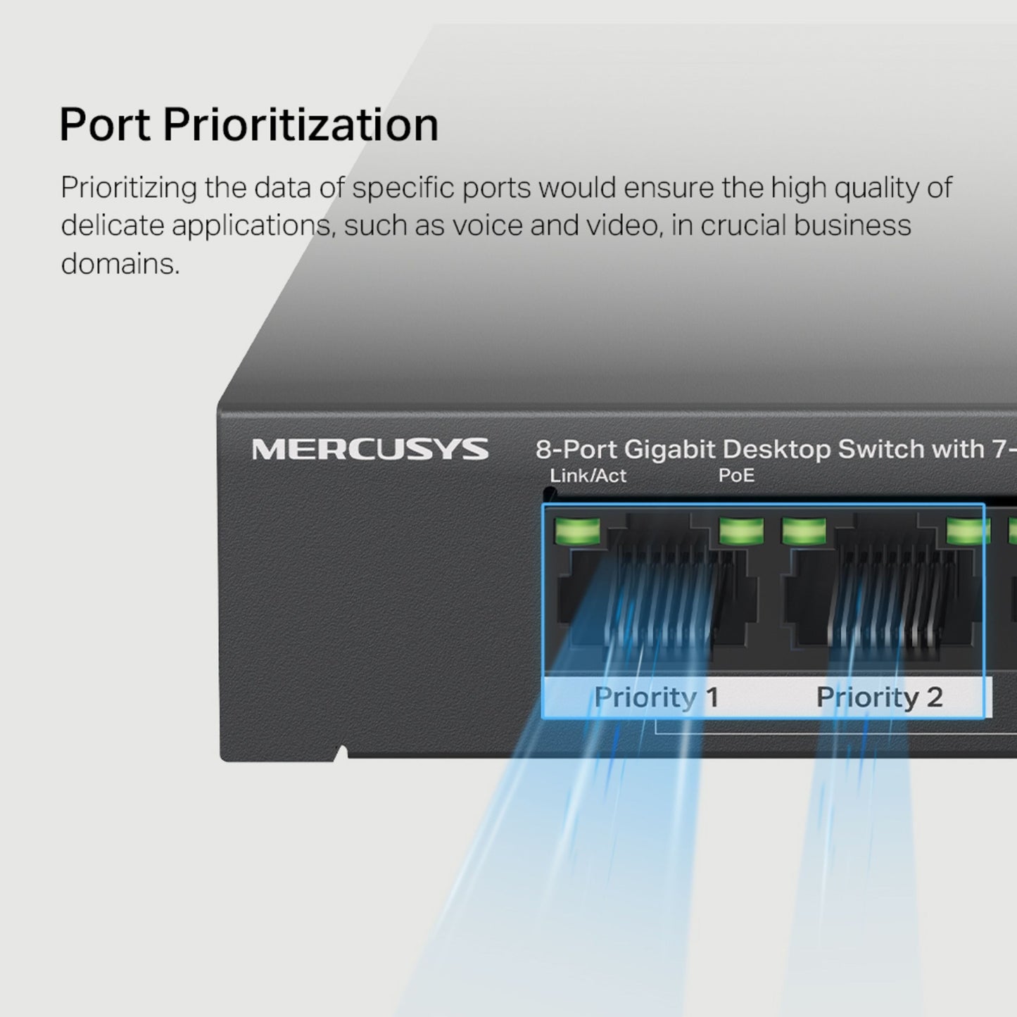 Mercusys MS108GP 8-port gigabit switch POE+ med to Ethernet-kabler i prioriterede porte, PoE+ og portprioritet vises.