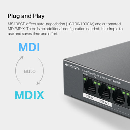 Mercusys MS108GP 8-port gigabit switch med mærkede Ethernet-porte, PoE+ support og auto-negotiation.