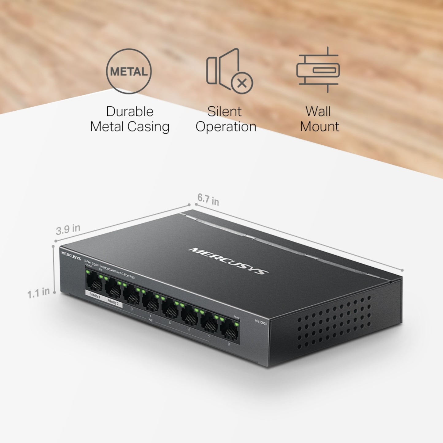Mercusys MS108GP 8-port gigabit switch sort med PoE+, metalhus, lydløs, vægmonterbar, 6,7x3,9x1,1 tommer.