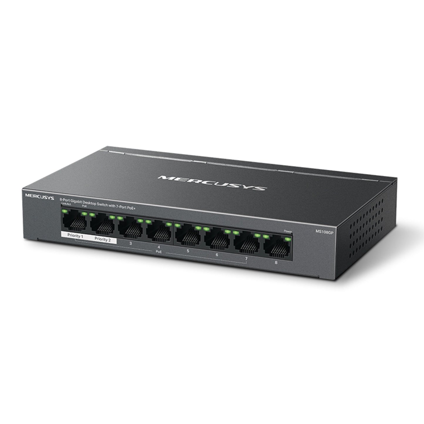Mercusys MS108GP sort 8-port gigabit switch med POE+, LED-indikatorer, mærkede porte, sideventilation, modelnummer foran.