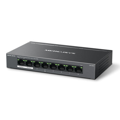 Mercusys MS108GP sort 8-port gigabit switch med POE+, LED-indikatorer, mærkede porte, sideventilation, modelnummer foran.