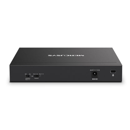 Mercusys MS108GP sort 8-port gigabit switch med PoE+, indikatorlys og port på fronten.