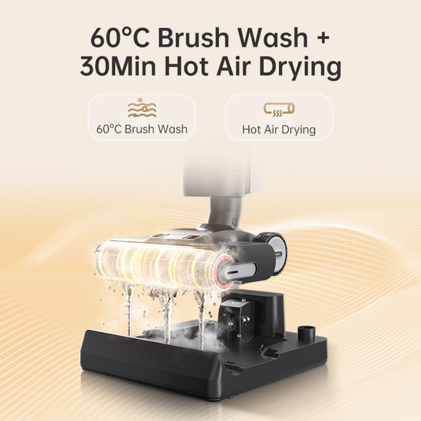Dreame H13 PRO selvrenser børster ved 60°C i dock, ikoner for 18.000 Pa sugestyrke, våd-tør funktion, 30 min varmlufttørring.