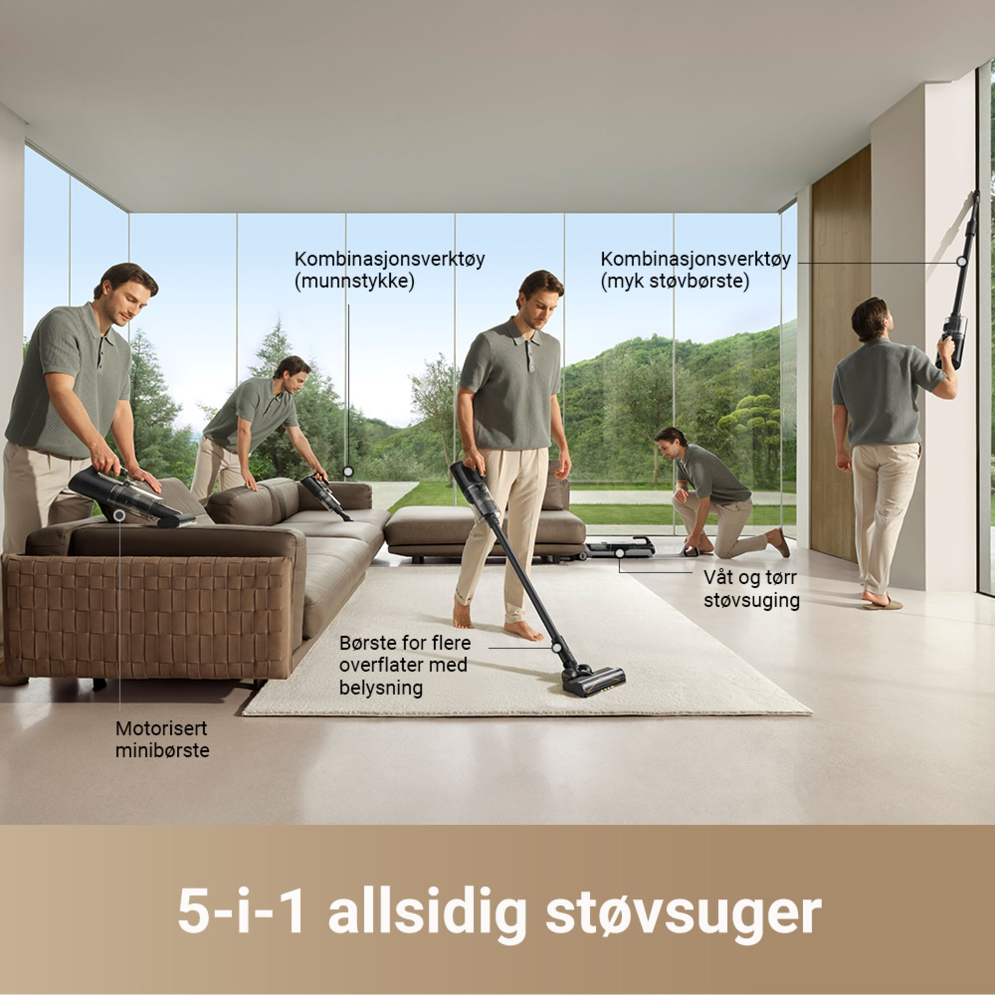 Dreame H14 DUAL gulvvasker vises med selvrens-, støvsugnings- og gulvvaskfunktion, norske undertekster.