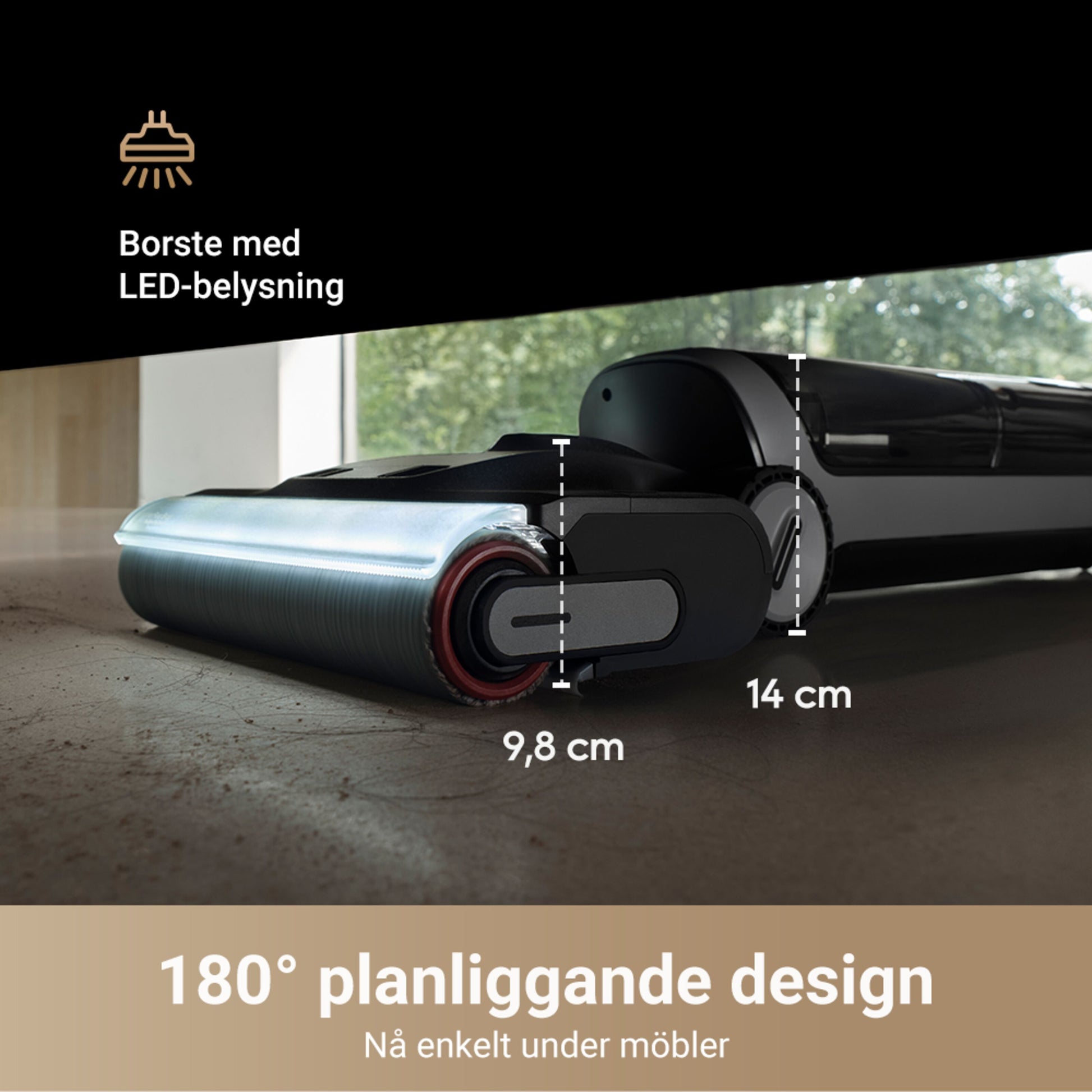 Dreame H14 DUAL, støvsuger og moppe, 9,8 cm høj, 14 cm bred børste med LED-lys, fladt 180° hoved, selvrensende.