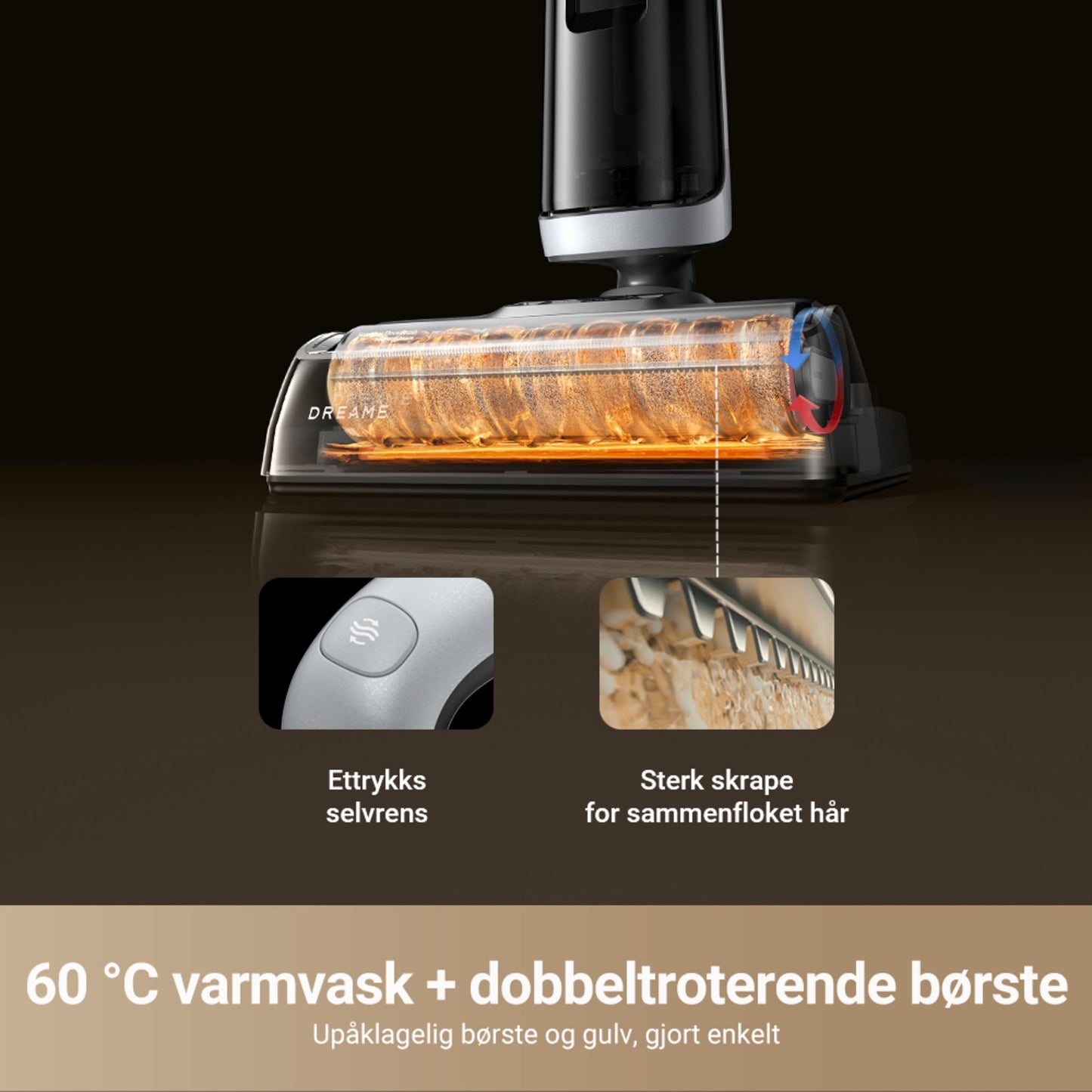 Dreame H14 DUAL våd-/tørstøvsuger med selvrensende, dobbeltroterende børstehoved og 60°C varmtvandsrengøring.