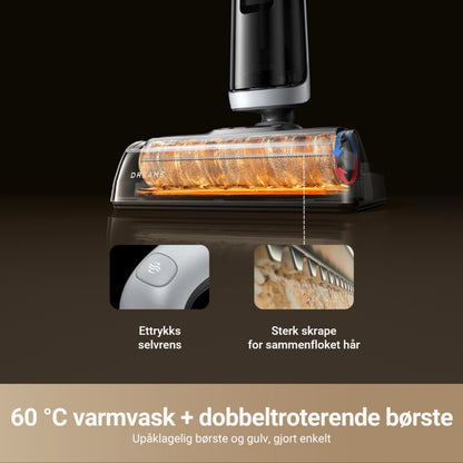 Dreame H14 DUAL våd-/tørstøvsuger med selvrensende, dobbeltroterende børstehoved og 60°C varmtvandsrengøring.