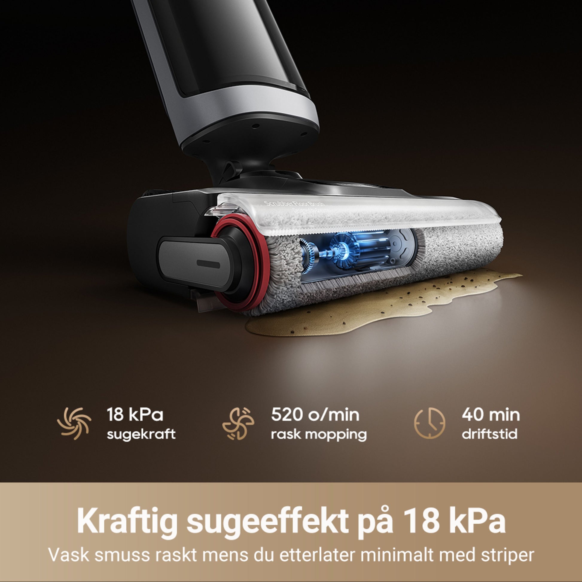 Dreame H14 DUAL gulvvasker mopper spild, 18 kPa sugekraft, 520 rpm børstehastighed, 40 min driftstid, norsk info.