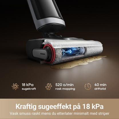 Dreame H14 DUAL gulvvasker mopper spild, 18 kPa sugekraft, 520 rpm børstehastighed, 40 min driftstid, norsk info.