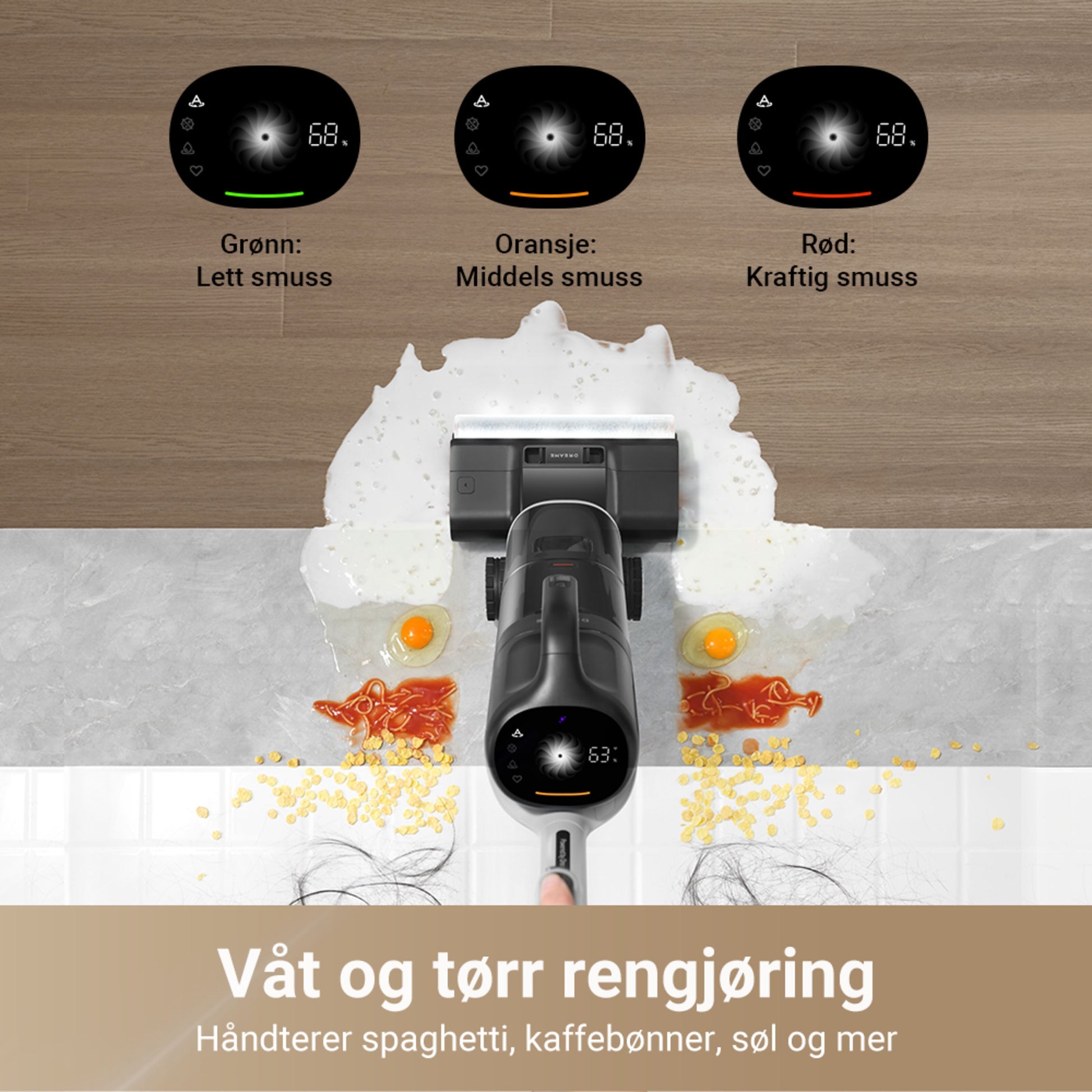 Dreame H14 DUAL gulvvasker viser snavs-niveau, suger væsker og madrester, display med "støvsugning og gulvvask.