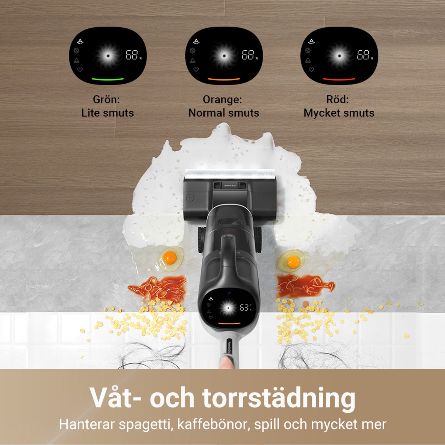 Dreame H14 DUAL gulvvasker med selvrensende system, ikoner for snavsniveau: grøn, orange, rød.